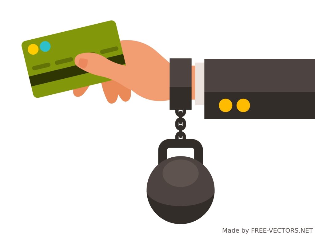 A hand chained to a weight holds a credit card. Modern Digital Slavery. Source: free-vectors.net
Debt - Definition and How It Works