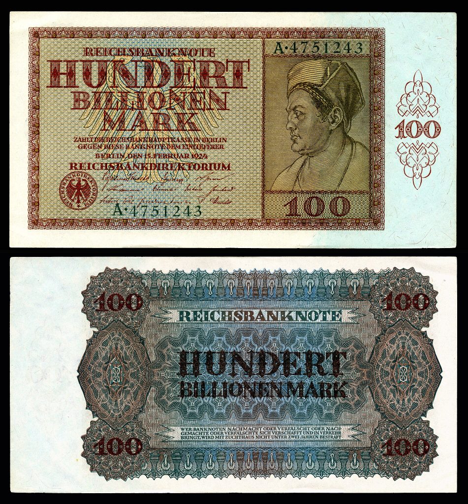 German Papiermark of the Weimar Republic, post World War I hyperinflation era (1921–24)
Reichsbanknote-100 Trillion Mark (1924). Source: Wikimedia Commons