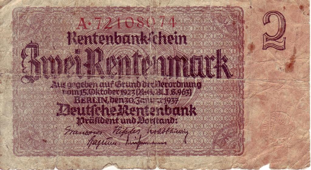 Two Rentenmark Issued according decree of 15th of October 1923. Source: Wikimedia Common