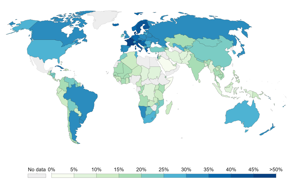 Total revenue from social contributions, direct and indirect taxes given as share of GDP in 2017. Source: Wikimedia Commons