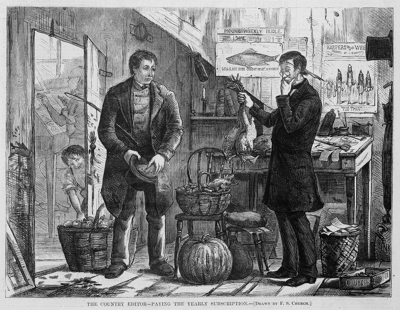 Activities that took place during the barter trade system. An 1874 newspaper illustration from Harper's Weekly showing a man engaging in barter by offering various farm produce in exchange for his yearly newspaper subscription. Source: Wikimedia Commons