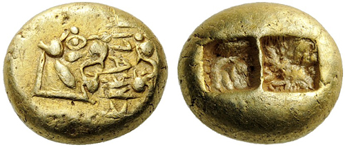 Coins minted in 600 BC by Alyatte, King of Lydia \Early Lydian coinage. Source: Wikimedia Commons